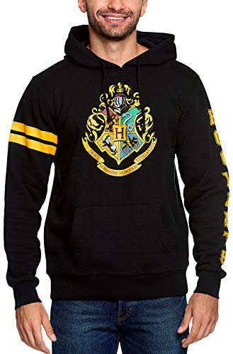 Elbenwald Harry Potter Hoodie Hogwarts Wappen Frontprint und Ärmelprint mit Kapuze und Tasche für Herren Damen Unisex Baumwolle schwarz - XXL