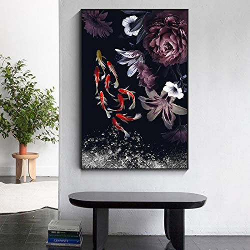 SXKJ Leinwand Wandkunst Malerei Drucke auf Leinwand Goldfisch und Blumen Wandbild Moderne Wohnwand Dekorative Bilder Cuadros 30x50cm Rahmenlos