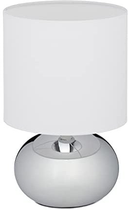 Relaxdays Tischlampe, runde Nachttischlampe mit Touch, HxD: 27,5 x 18 cm, E14, Tischleuchte mit Stoffschirm, silber/weiß