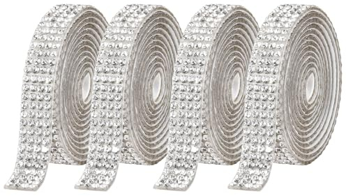 4 Rolls Self-Adhesive Crystal Rhinestone Diamond Ribbon DIY Decoration Sticker Resin Ribbon Roll Belt Bling Sparkling Wrap for DIY Arts Crafts(Silver,10mm)