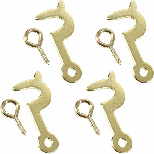 Side Hook & Eye Screw Small 30mm Electro Brass Plated Self Tapping Fastener Clasp Hooks for Picture Frame Mirror Jewellery Box Fittings Pack of 4.