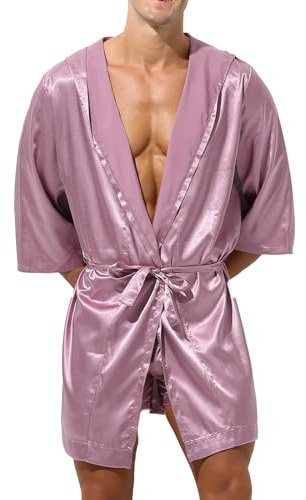 FEESHOW Homme Peignoir de Bain Satin Robe de Chambre Sissy Lingerie de Nuit Sortie de Bain Manche Longue Japonais Kimono Pyjama Nuisette Rose XL