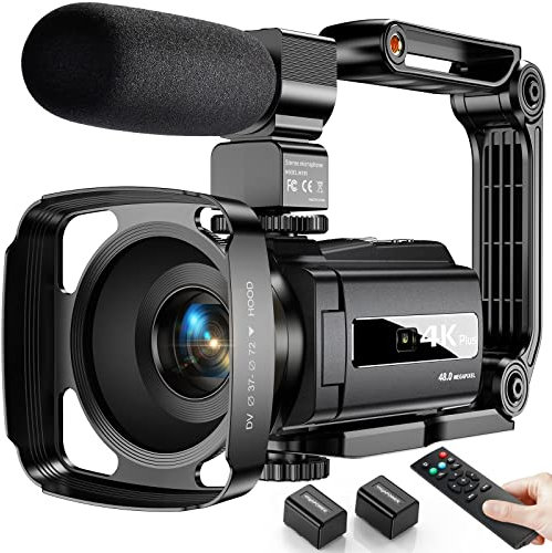 Videocamera 4K, 48MP WiFi Vlogging Camera, Videocamera con IR Visione Notturna 16X Zoom Digitale Videocamera 3 Touchscreen con Telecomando, Microfono, Stabilizzatore Portatile, Paraluce, 2 Batterie