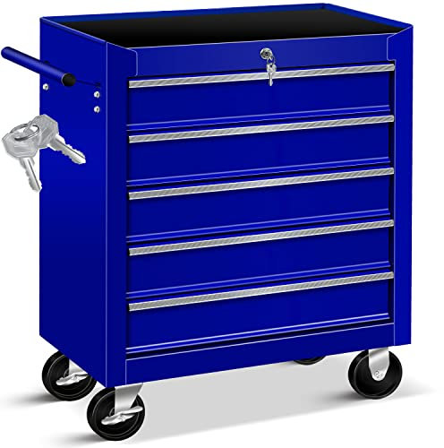 Masko® Carrello da officina - 5 Scomparti - Blu | Chiudibile a chiave | Metallo massiccio | Carrello mobile per attrezzi senza utensili | Carrello da officina professionale senza assortimento