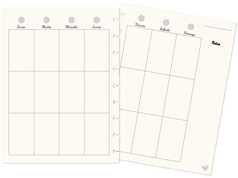 Craftelier - Spanische Wochentagsblätter für personalisierte Kalender mit Scheibenringbindung | Inklusive 25 vorgelochte 9-Ring-Blätter | Größe 17,77 x 23,45 cm (6.98 x 9.23)