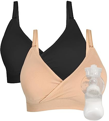 4HOW Pumping Bra Hands Free Maternity Bras for Breastfeeding Pumping and Nursing Bra in One Comfort Smooth,Great Support, Black+beige, M