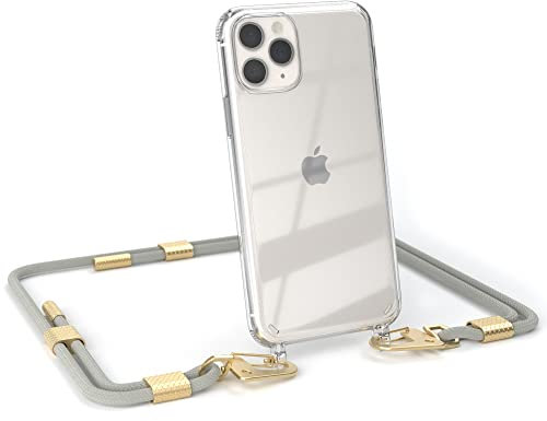EAZY CASE - kombinierbare Handyketten kompatibel mit iPhone 11 Pro, Transparente Silikon-Hülle mit rundem Umhängeband, Abnehmbarer Karabiner, Hülle mit Band, Gurt zum wechseln, Taupe - Clips Gold