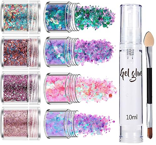 MEITREND Face Glitter Festival with Glue, 8 Color Face Glitter Chunky Glitter Paint Festival Accessories Gems, Glitter Hairspray Party Decorations Essentials for Body Hair
