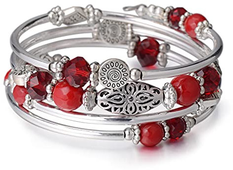 FULU AUTUMN Damen Boho Armband mit Mehrschichtiges Perlen Silber Wickelarmband Modeschmuck Geschenke zum Geburtstag und Muttertag für Frauen(Red)