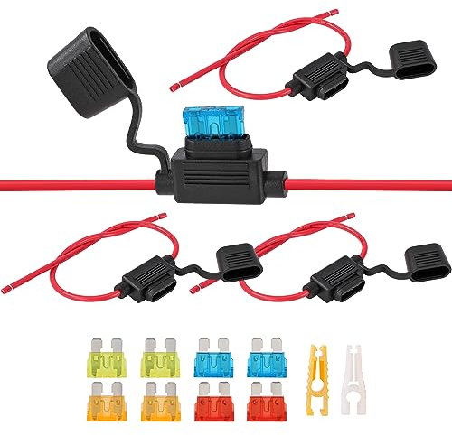 Porte Fusible Étanche 12V-32V Voiture Porte Fusible en Ligne avec 8 Pièces Fusible Plats 5A/10A/15A/20A et 14 AWG Fil pour Camion Moto Bateau