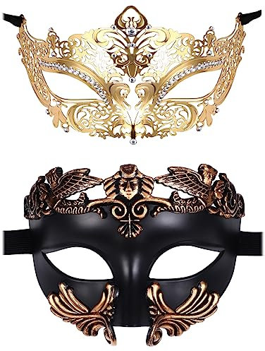 JewelryWe Maskerade Maske Paar Venezianische Maske - 2 Stück Gold/Schwarz Metallmaske Antike Römische Griechische Augenmaske Gesichtsmaske Kostüm für Halloween Karneval Party Damen Herren