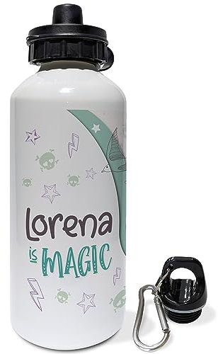 LolaPix Bouteille d'eau pour fille. Bouteille personnalisée. Bouteille d'eau pour enfants. Bouteille en aluminium personnalisée. Avec 2 bouchons. Magique
