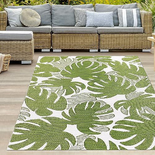 Teppich-Traum Outdoor Wendeteppich Tropenblätter Grün Weiß 120x170 cm | Wetterfest, wasserfest, wendbar, UV-beständig und schmutzabweisend, für Balkon, Terrasse, Garten, Picknick & Camping