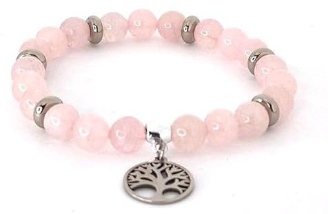 Felicidade Bracelet Homme Femme Bracelet en Pierre Naturelle Quartz Rose avec Arbre de Vie Perles de Taille 8MM Pierres Fines et Précieuses Cadeau Anniversaire Femme et Homme