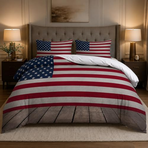Bettwäsche 135x200 Usa Flagge Bettwäsche-Sets mit Reißverschluss 3teilig, 1 Bettbezug und 2 Kissenbezug 80x80 cm, Deckenbezug Weich Atmungsaktiv aus Mikrofaser