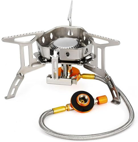 Portable Camping Gas Stove with Piezo Ignition 3500W Outdoor Camping Stove Backpacking Burner Windproof Fishing Stove for BBQ Hiking Picnic Camping Cooking Stoves with Carrying Case Adapters Converter