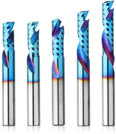 Genmitsu 1/4 Zoll Schaft 5pcs Carbide Spiral O Flute Up & Down Cut Kompression End Mill CNC Router Bits, Nano Blue Coat CNC Carving Fräser für Holz Acryl PVC PCB MDF, OC05B