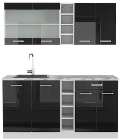 Vicco Singleküche R-Line, Schwarz Hochglanz/Weiß, 160 cm | 6 Module · Höhenverstellbare Füße · Arbeitsplatte Marmor · Robuste Fronten · Mit offenen Regalen · Frei kombinierbar