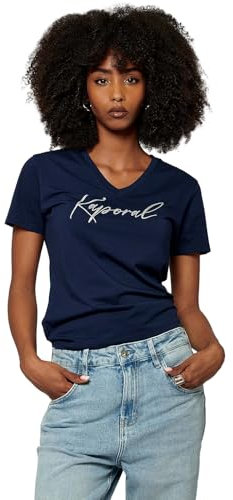 Kaporal Femme Tee Shirt pour Coupe Fitted, Manches Courtes, Col en V, Modèle Signe, Couleur Navy, Taille S, Navy, S EU