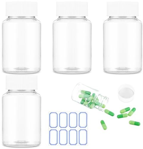 WLLHYF 4 Stück durchsichtige Tablettenfläschchen, leere Kunststoff-Pillenflaschen, Medizinflaschen, leere Reagenzflaschen, Chemikalienbehälter mit Verschlüssen für flüssiges, festes Pulver (50ml)