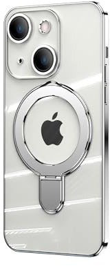 EiYioun Plated Case for iPhone 15 Plus with Metal Ring Holder Stand [Compatible with MagSafe], Shockproof Non-Slip Slim Fit Protective Phone Bumper Cover for iPhone 15 Plus Silver