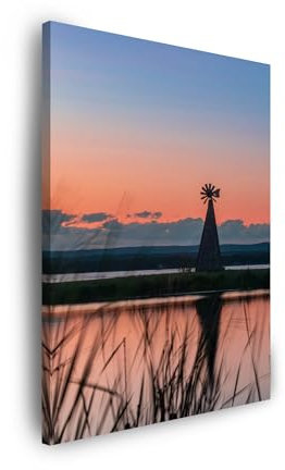 GP TONER Bild auf Leinwand gedruckt Leinwanddruck Windmühle Himmel Natur Sonnenuntergang See Gras 70x120