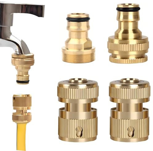 Vueinrg 4 Piezas Adaptador Manguera Grifo de Latón 1/2 y 3/4 Conector de Manguera Adaptador de Grifo de Jardín con Rosca para Hogar Cocina Lavadora
