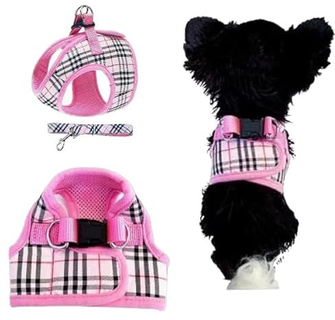 Tartan Plaid Check Stripe Harness and Leash Step in Harness Hook Loop Clip Lead Set Yorkie Maltese Terrior Puppy Smaller Miniature Dogs Toy Pet Chihuahua Terrier (Pink Tartan, XS (Chest 30-35cm))