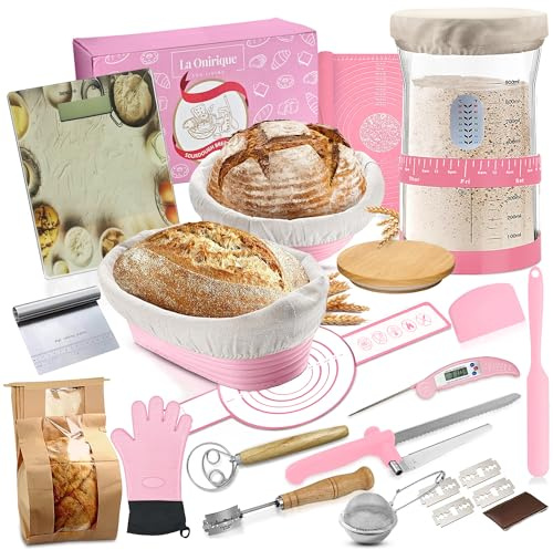Sauerteig-Starter-Set, Sauerteig-Brot-Backzubehör, 1,2 l Starterglas, 22,9 cm rund und 26,7 cm, ovale Banneton-Brotgärkörbe, Brotbackwerkzeug, Premium, Rosa