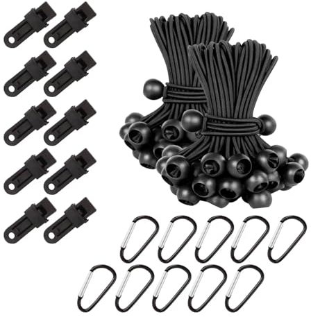 20 Universal Elastic Ball Ties Set, UV Resistant Tarp Bungee Cord with Balls, Adjustable Flag Bungees with 10 Fixing Clips/10 Hooks, Tarpaulin Bungee with Balls for Camping Tent