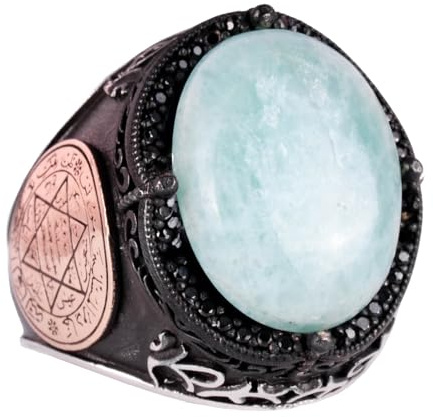 KAMBO Religiöser Ring, Cabochon Amazonit Edelstein Ring, Silber Siegel des Salomo - Erfrischender 925K Massiver Sterling Silber Herrenring, Silberedelstein, Cabochon Amazonit, Silberner