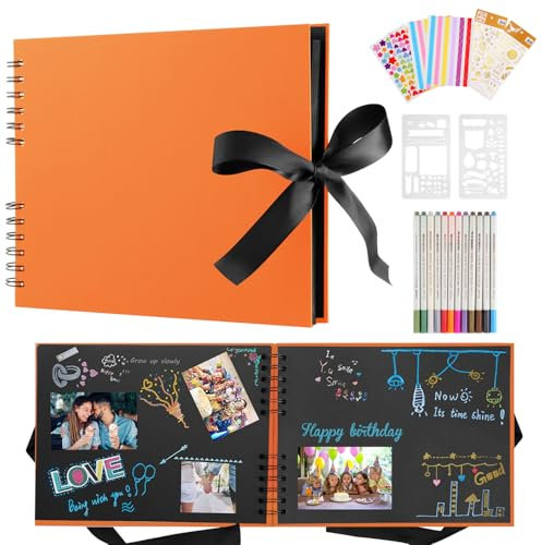 DazSpirit Fotoalbum 29,5 X 21cm Fotoalbum Zum Selbstgestalten Schwarz Fotobuch Mit 80 Seiten Scrapbook, Für 240 Bilder, Inkl.12 Metallic Farbmarker, Gästebuch Für Geburtstag Und Hochzeit, Orange