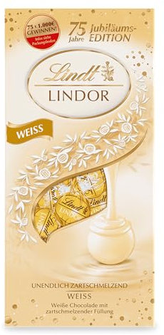 Lindt Schokolade LINDOR Kugeln Weiß | 137g Beutel | ca. 10 Schokoladen Kugeln weiße Schokolade mit zartschmelzender Füllung | Pralinen-Geschenk | Schokoladengeschenk | 75 Jahre