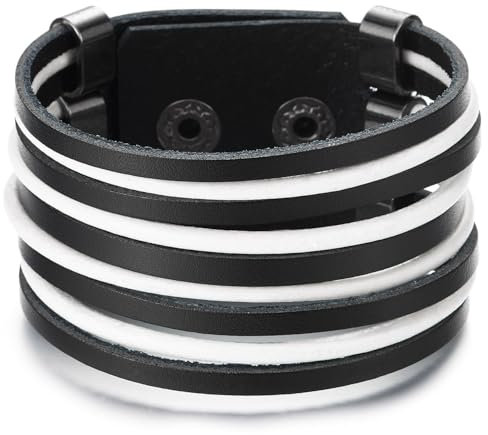 COOLSTEELANDBEYOND Breiten Leder Armband Weiß Schwarz, Herren Damen Multi-Strang Leder Schweißband Armband mit Snap Taste