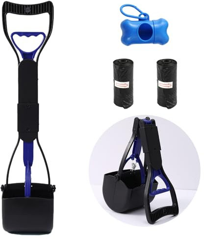 Portable Pelle Ramasse Crottes Kit avec Distributeur de Sacs à Déchets et Sac à Déchets, 45cm Pliable Long Manche Pelle à Crotte pour Chien, Pelle à Déjections Canines pour Chien et Chat (Bleu)