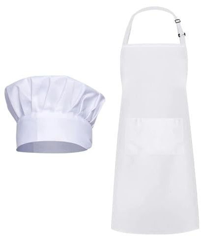 Cosymate Kochmütze und Schürze, verstellbare wasserdichte Kochschürze mit zwei Taschen und elastischer Kochmütze für Männer und Frauen, ideal für die Heimküche, Weiß