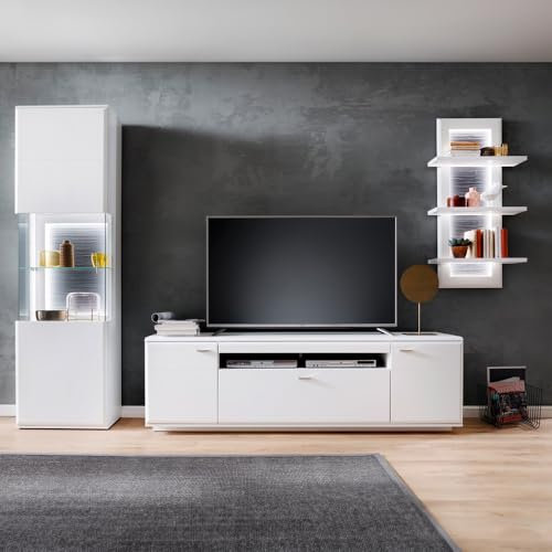 Lomadox Wohnwand TV-Wand weiß matt modern 3-teilig mit 1 Lowboard, 1 Vitrine, 1 Wandregal, inkl. LED Beleuchtung