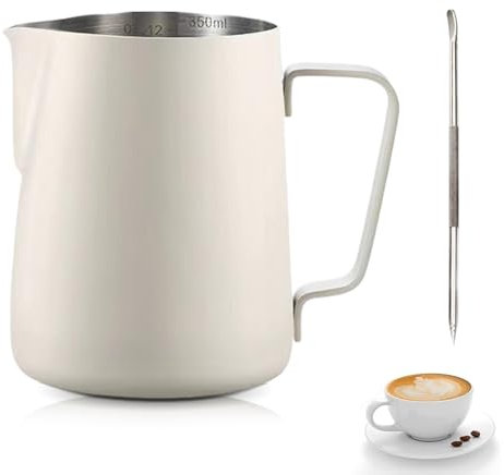 Jarra de Leche Acero Inoxidable,Tianher 350ml Jarra Leche Cafetera Barista Taza de Espumador con Marca de Medición y Lápiz Artístico para de Café de Mano y Latte Art Capuchino (beige)