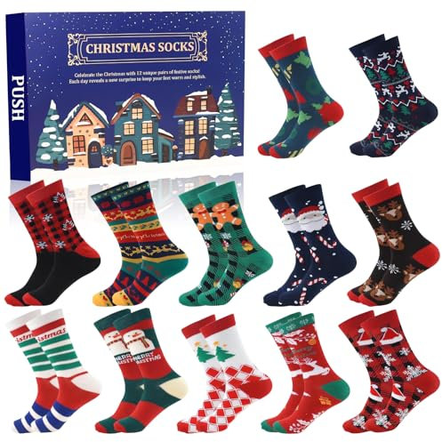 Adventskalender 2025 Männer Socken Weihnachtssocken Adventskalender 2025, Weihnachten Socken Damen Weihnachtskalender 2025,12 Paar socken Weihnachten Countdown mit Santa Elch Muster für Männer Frauen