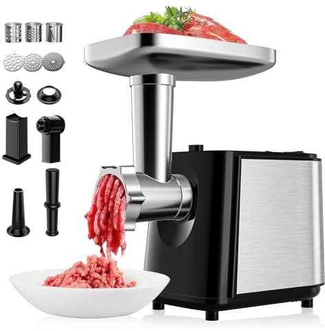 Helangel 3 en 1 Picadora de carne eléctrica, Picadora de carne con 3 cuchillas para verduras y 3 placas de molienda, máquina para salchichas para uso doméstico y comercial
