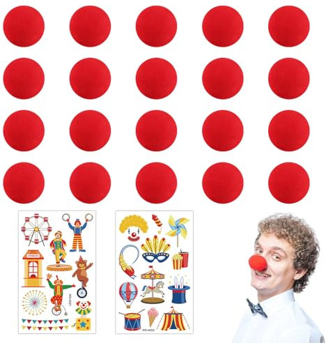 CVFRTT 20 Stück Rote Clown-Nasen Und 2 Stück Clown-Tattoo-Aufkleber, Schwamm-Clown-Nasen, Cosplay-Zubehör, Party-Anzieh-Requisiten
