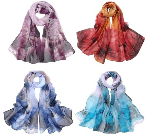 HTTDSLF 4 Stück Schal, Schal Damen, Schals & Tücher für Damen, Damen Schal, Chiffon Schal, Dünne Schals Damen, Halstuch Damen, Tuch Geschenk Frauen, 150 * 50 cm