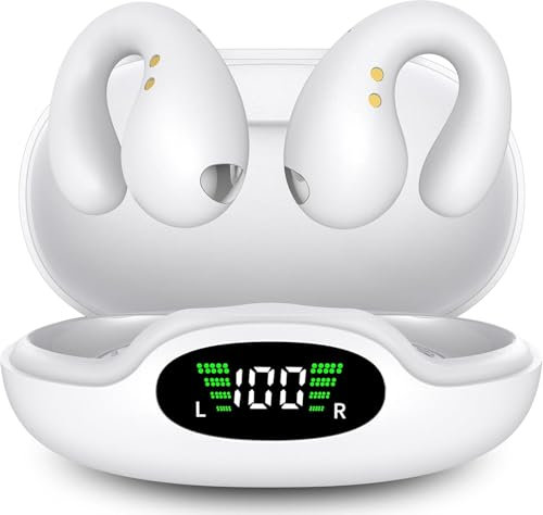 Boytond Wireless Auricolari - 2025 Bluetooth 5.3 Cuffie a Clip Orecchio Suono Stereo HiFi con Microfono ENC per Gli Amanti Degli Sport All'aperto, 50 Ore Display LED Custodia auricolare, IP7, Bianco