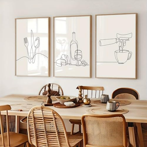Generisch 3er Set Nordic Minimalist Küche Strichzeichnungen Esszimmer Wein Tee Bilder Küche Schwarz Weiß Leinwand Gemälde Café Shop Poster Home Decor （Kein Rahmen） (40×50)