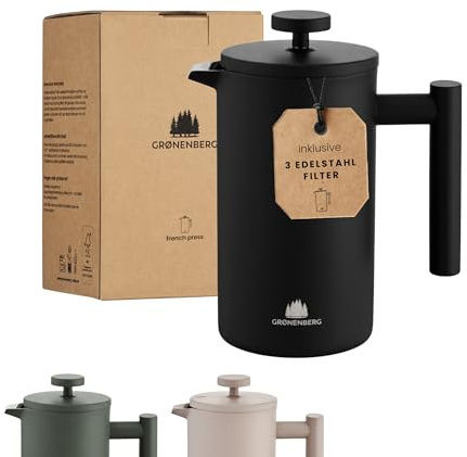Groenenberg French Press Black 600 ml o. 1 Liter I Hochwertige Kaffeepresse mit Thermo Warmhalte-Funktion I Edelstahl Kaffeebereiter