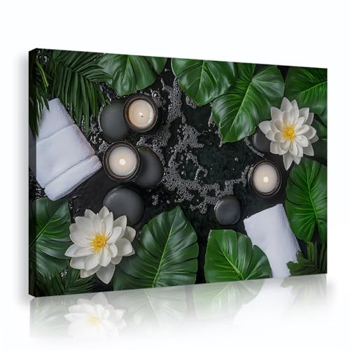 CHERHERART bougie en pierre monstera toile art mural élégant détente blanc lotus impression sur toile pour le salon bureau salle à manger spa décor 60x90cm cadre intérieur