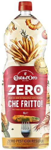 Costa d’Oro – Che Fritto! 1 L. Olio di semi di girasole alto oleico, primo in Italia certificato con zero pesticidi residui. Ideale per fritture croccanti, asciutte e leggere! PET da 1 L.