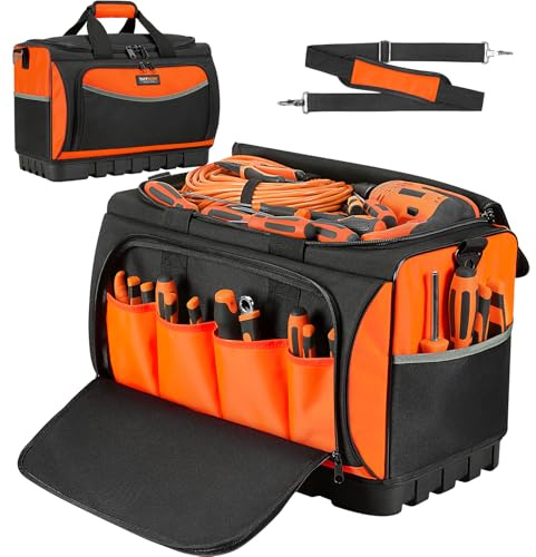 TUFFWORX 20 Zoll Werkzeugtasche mit breiter Öffnung (50 x 30 x 33 cm), 18 Fächer, robuste Elektriker-Werkzeugtasche, wasserdichter, strapazierfähiger Boden, Orange/Schwarz
