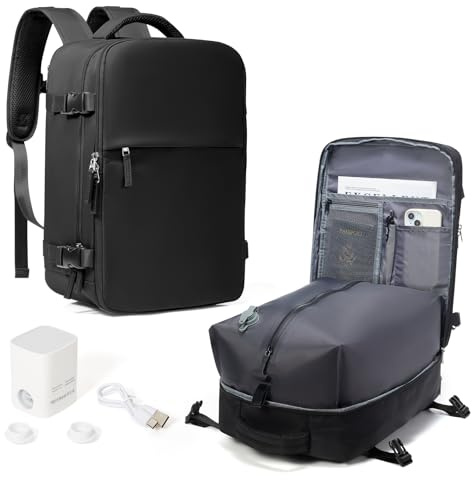 HPLQQ Vakuum Rucksack Ryanair Handgepäck 40x30x20 Reiserucksack mit Pump | Rucksack Handgepäck Flugzeug, Lässiger Wasserdichter Rucksack für Weekender Kurztrip Wander mit Laptopfach,H Schwarz