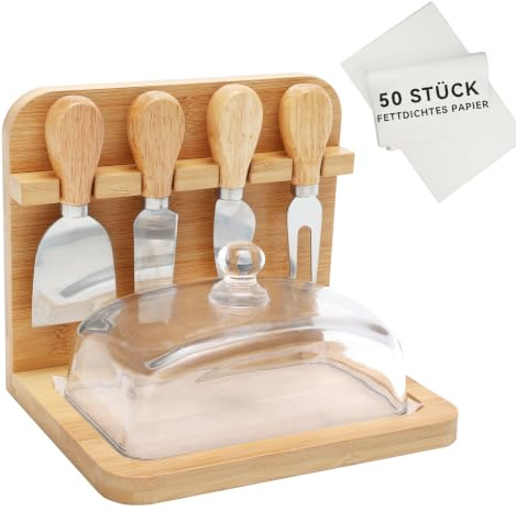 Butter Dish with Glass Lid & Knife Holder, Includes 50 Greaseproof Paper | 50 Greaseproof Paper Sheets Included, Easy to Clean, Fits 250 g & 500 g Butter Blocks, Neat Worktop Storage